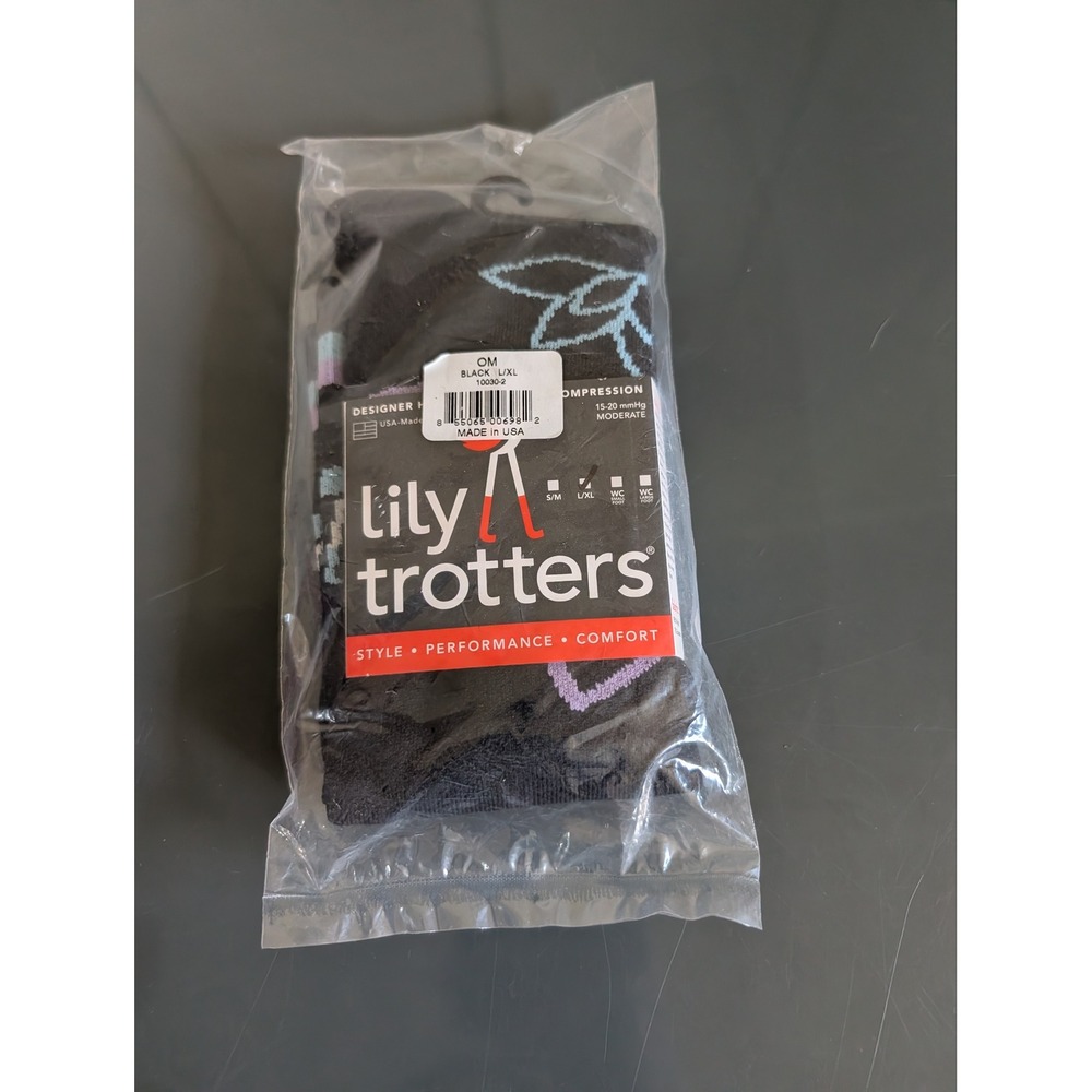Lily Trotters Compression Socks Black L/XL 15-20 mmHg Moderate Made in USA NEW
